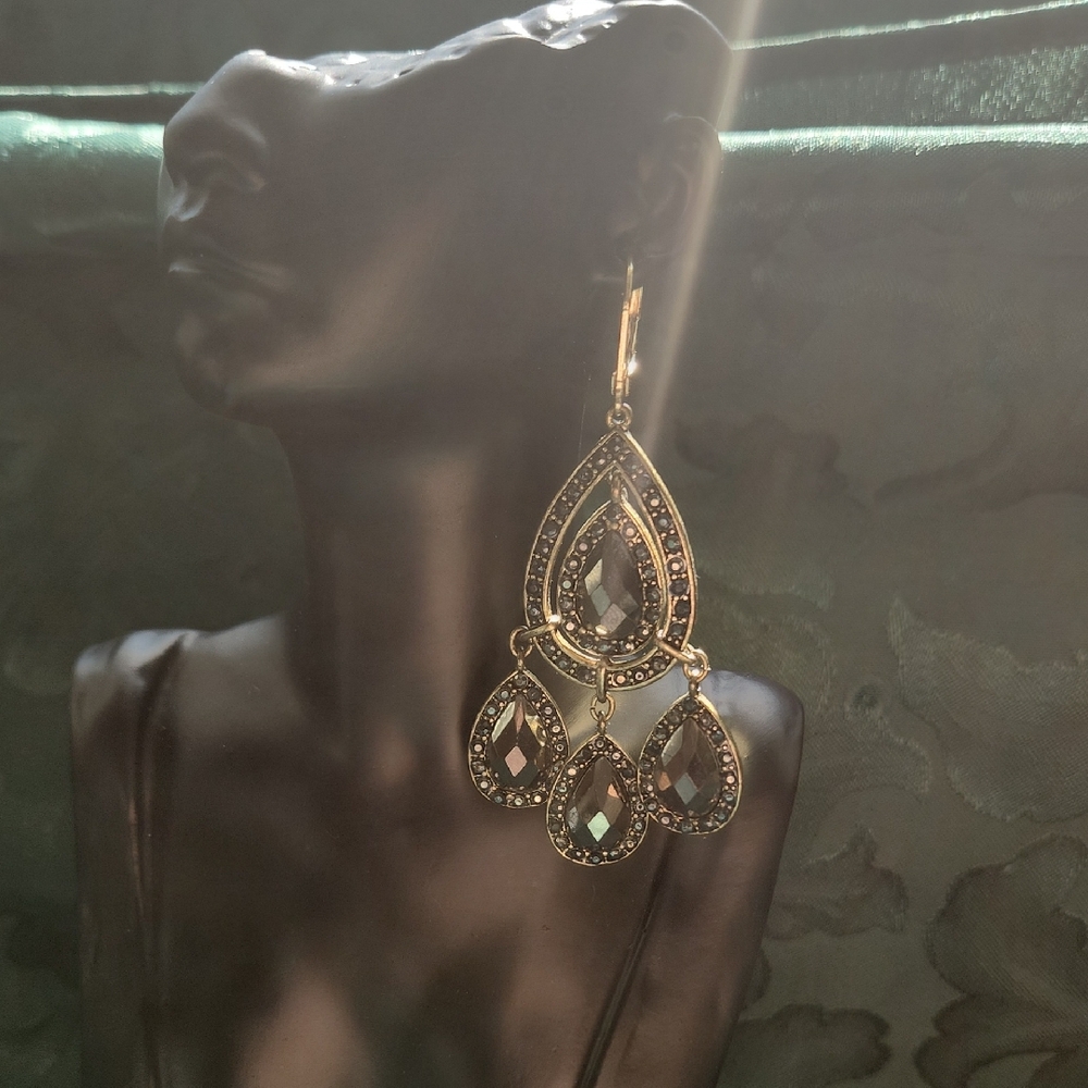 Signed NR Elegant Gold and Gunmetal Teardrop Earrings